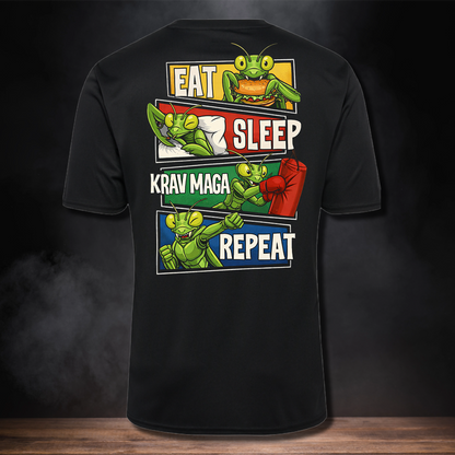 Aktywna koszulka "EAT SLEEP KRAV MAGA REPEAT" z modliszką ORKAN.