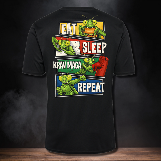 Aktywna koszulka "EAT SLEEP KRAV MAGA REPEAT" z modliszką ORKAN.
